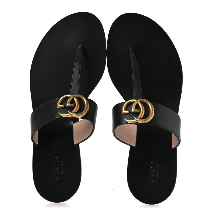 GUCCI GG MARMONT T-STRAP CALFSKIN LEATHER FLAT SLIDE SANDALS