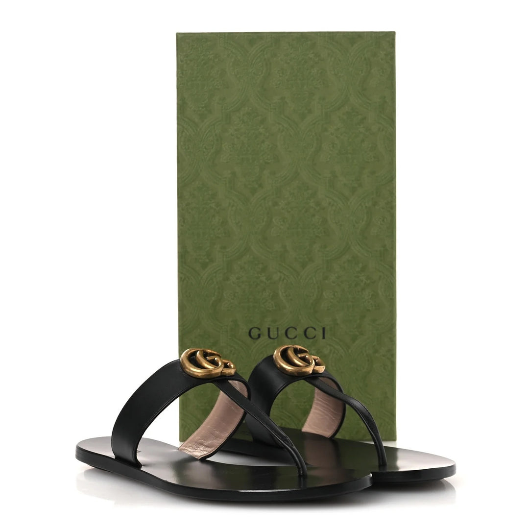 GUCCI GG MARMONT T-STRAP CALFSKIN LEATHER FLAT SLIDE SANDALS
