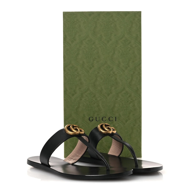 GUCCI GG MARMONT T-STRAP CALFSKIN LEATHER FLAT SLIDE SANDALS