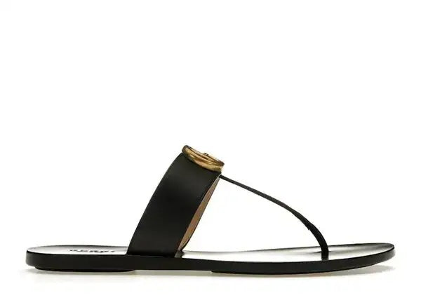 GUCCI GG MARMONT T-STRAP CALFSKIN LEATHER FLAT SLIDE SANDALS