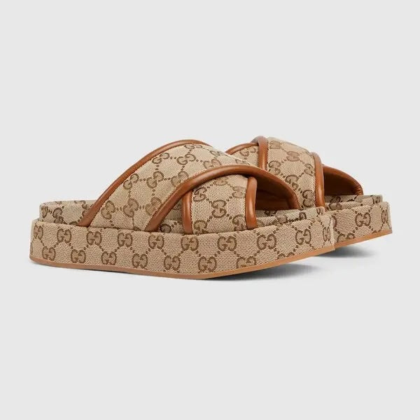 GUCCI GG MONOGRAM CLARICE CALFSKIN TRIMMED JACQUARD PLATFORM MULES