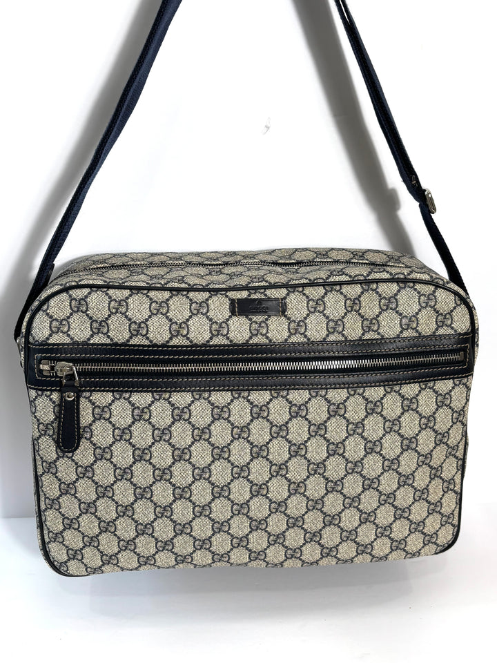 GUCCI GG PLUS MONOGRAM COATED CANVAS MESSENGER BAG NAVY