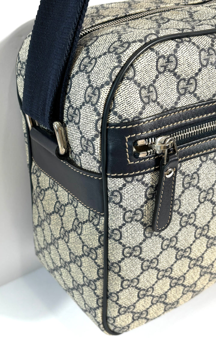 GUCCI GG PLUS MONOGRAM COATED CANVAS MESSENGER BAG NAVY