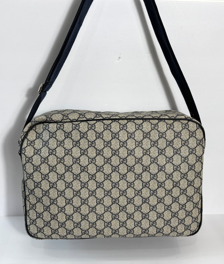 GUCCI GG PLUS MONOGRAM COATED CANVAS MESSENGER BAG NAVY