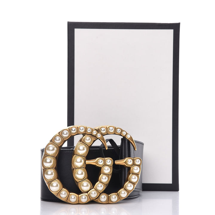 GUCCI JUMBO GG MOON PEARL CALFSKIN LEATHER BELT