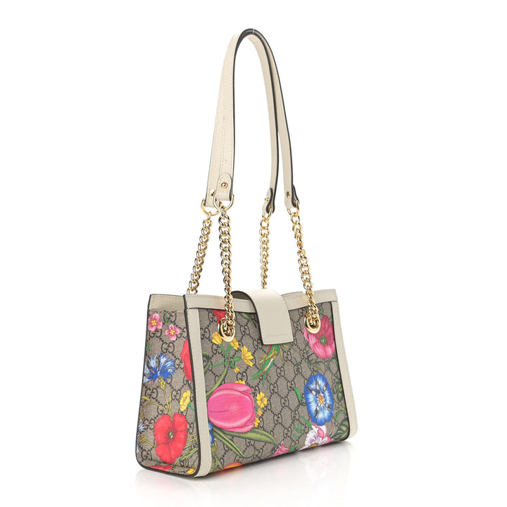 GUCCI GG SUPREME FLORA PADLOCK CHAIN SMALL TOTE BAG