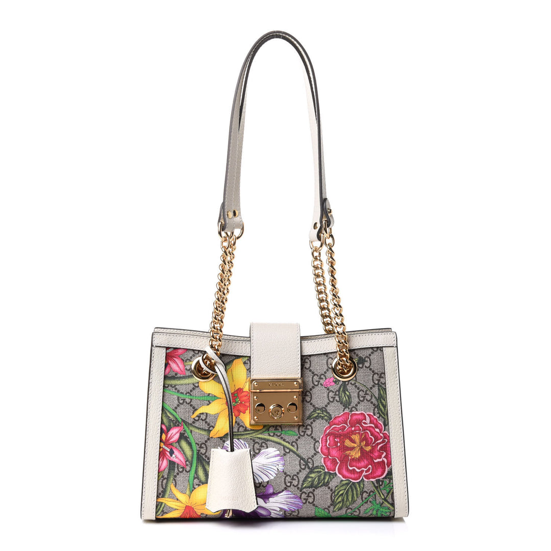 GUCCI GG SUPREME FLORA PADLOCK CHAIN SMALL TOTE BAG