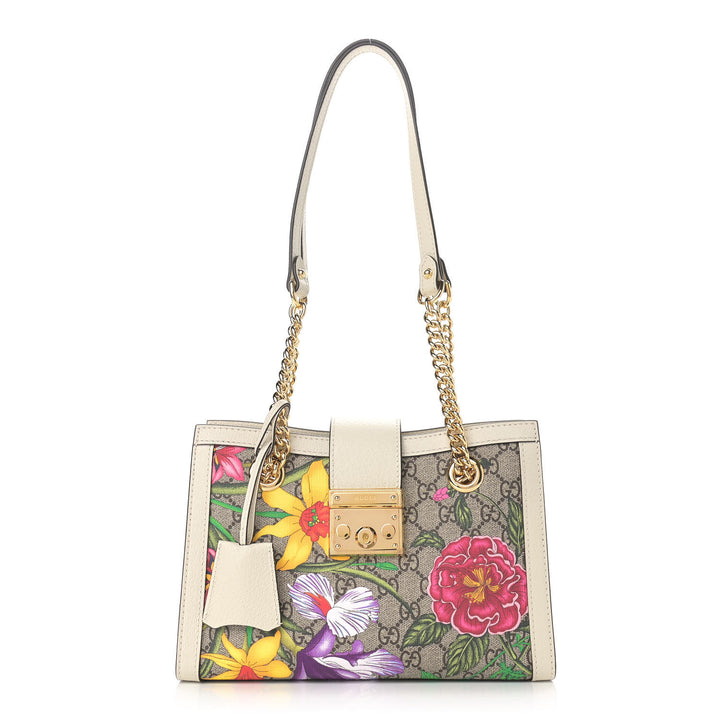 GUCCI GG SUPREME FLORA PADLOCK CHAIN SMALL TOTE BAG