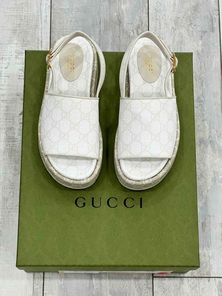 GUCCI GG SUPREME MONOGRAM ANGELINA PLATFORM SLINGBACK SANDALS