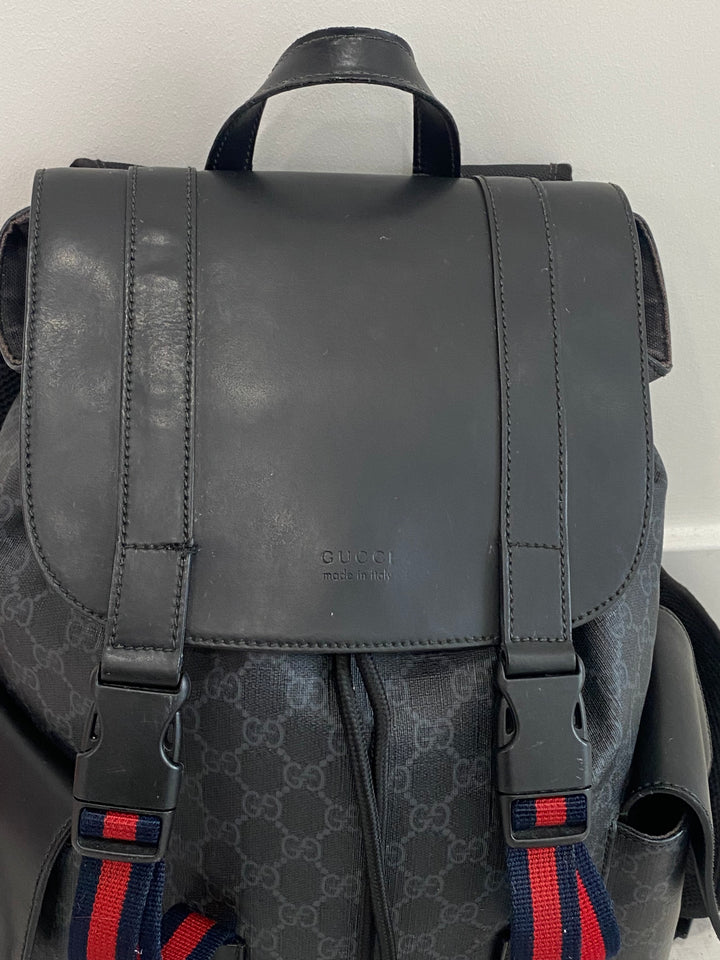 GUCCI GG SUPREME MONOGRAM CALFSKIN WEB DOUBLE BUCKLE BACKPACK