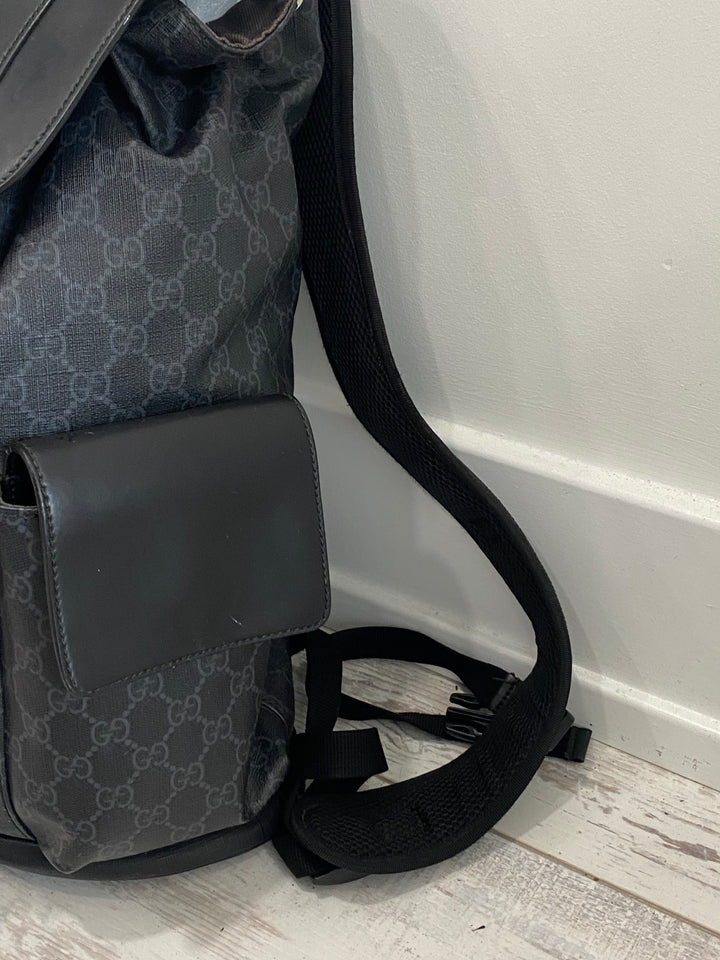 GUCCI GG SUPREME MONOGRAM CALFSKIN WEB DOUBLE BUCKLE BACKPACK