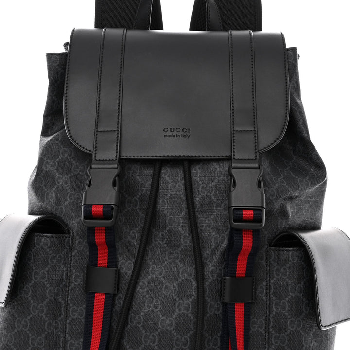 GUCCI GG SUPREME MONOGRAM CALFSKIN WEB DOUBLE BUCKLE BACKPACK