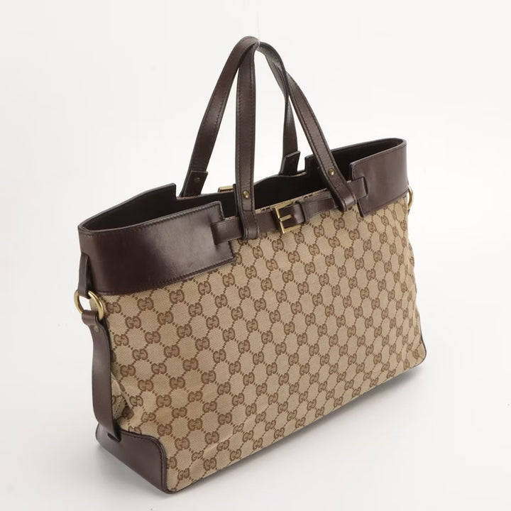 GUCCI GG CANVAS LEATHER TRIM VINTAGE BELTED TOTE BAG