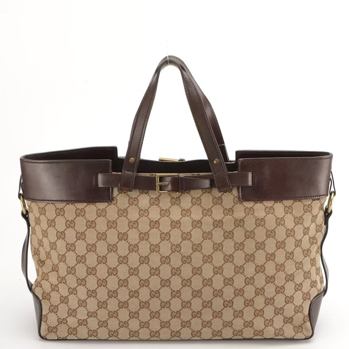 GUCCI GG CANVAS LEATHER TRIM VINTAGE BELTED TOTE BAG