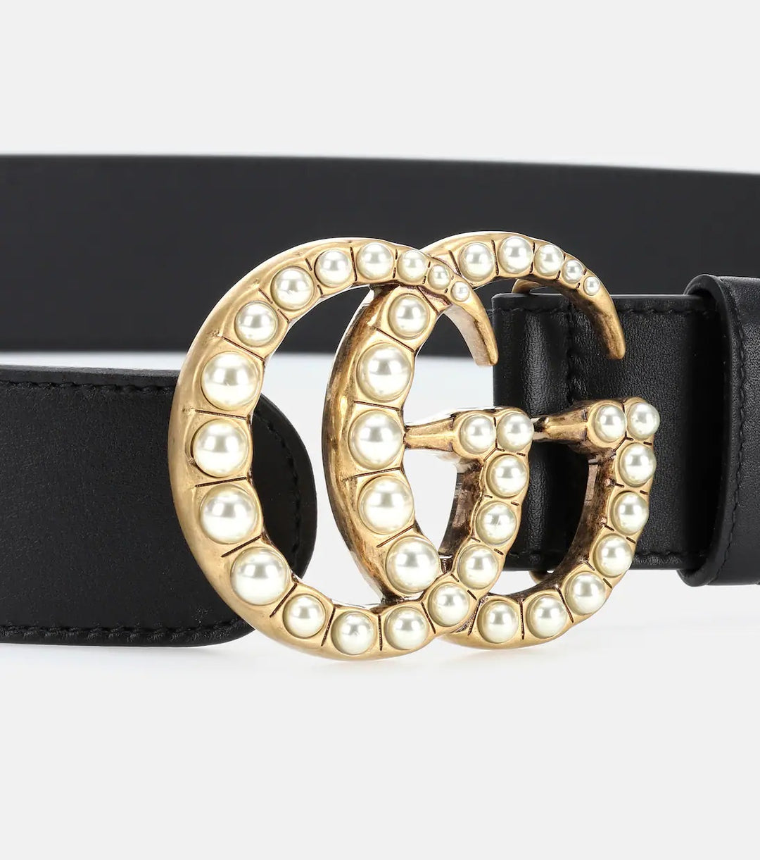 GUCCI Pearl Embellished \'GG\' Logo Smooth Leather Belt (Black) Gucci Gucci Pearl Embellished Double G Buckle Belt In Black  main image 4