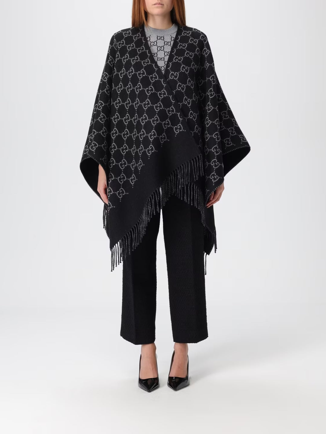 GUCCI GG MONOGRAM WOOL JACQUARD FRINGED CAPE IN BLACK