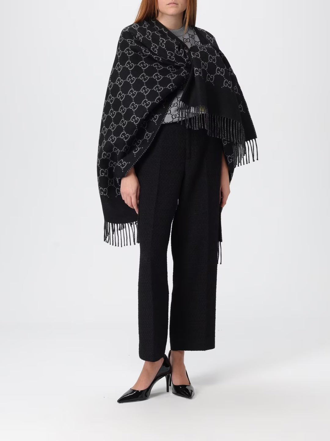 GUCCI GG MONOGRAM WOOL JACQUARD FRINGED CAPE IN BLACK