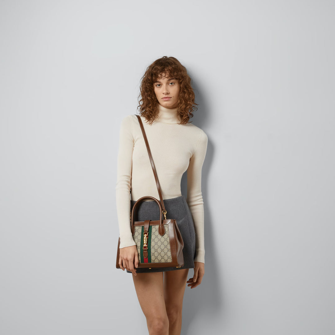 GUCCI GG SUPREME MONOGRAM AZALEA CALFSKIN WEB JACKIE 1961 TOTE BAG