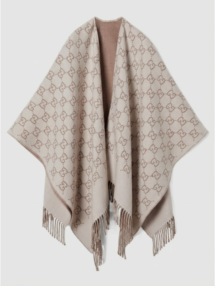 GUCCI GG MONOGRAM WOOL JACQUARD FRINGED CAPE