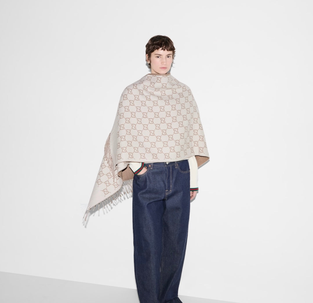 GUCCI GG MONOGRAM WOOL JACQUARD FRINGED CAPE