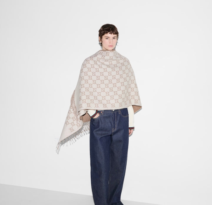 GUCCI GG MONOGRAM WOOL JACQUARD FRINGED CAPE