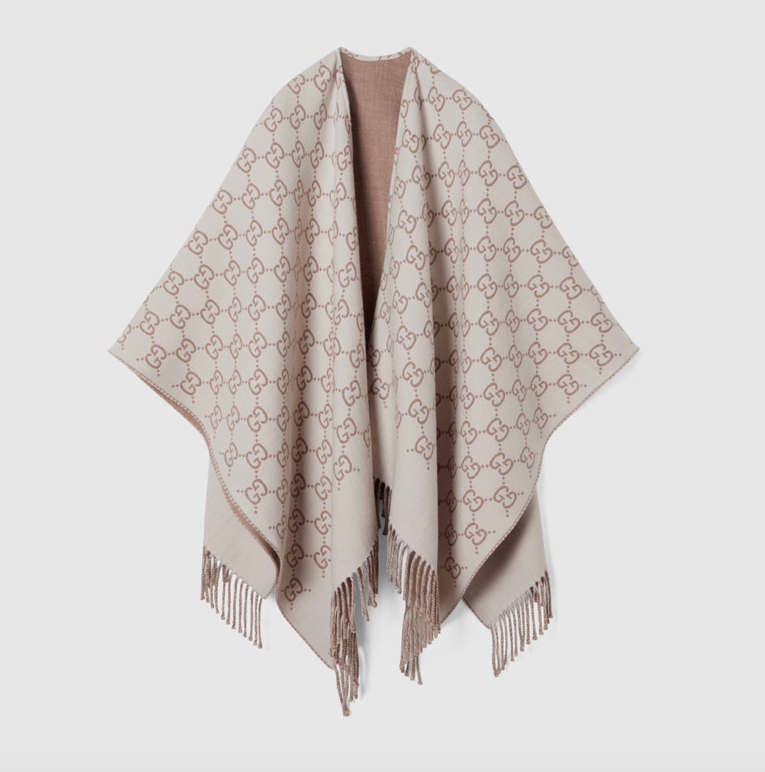 GUCCI GG MONOGRAM WOOL JACQUARD FRINGED CAPE