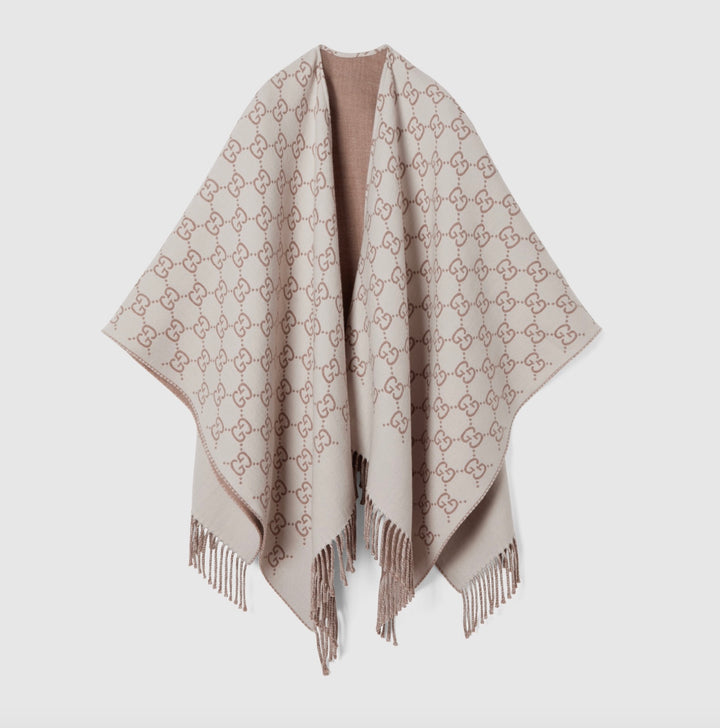 GUCCI GG MONOGRAM WOOL JACQUARD FRINGED CAPE