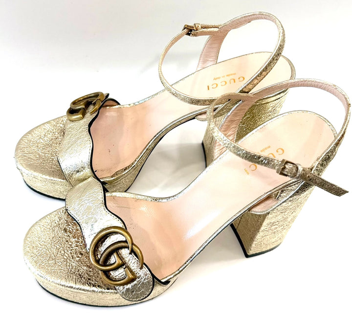 GUCCI GALASSIA GG MARMONT METALLIC CALFSKIN PLATRORM SANDALS