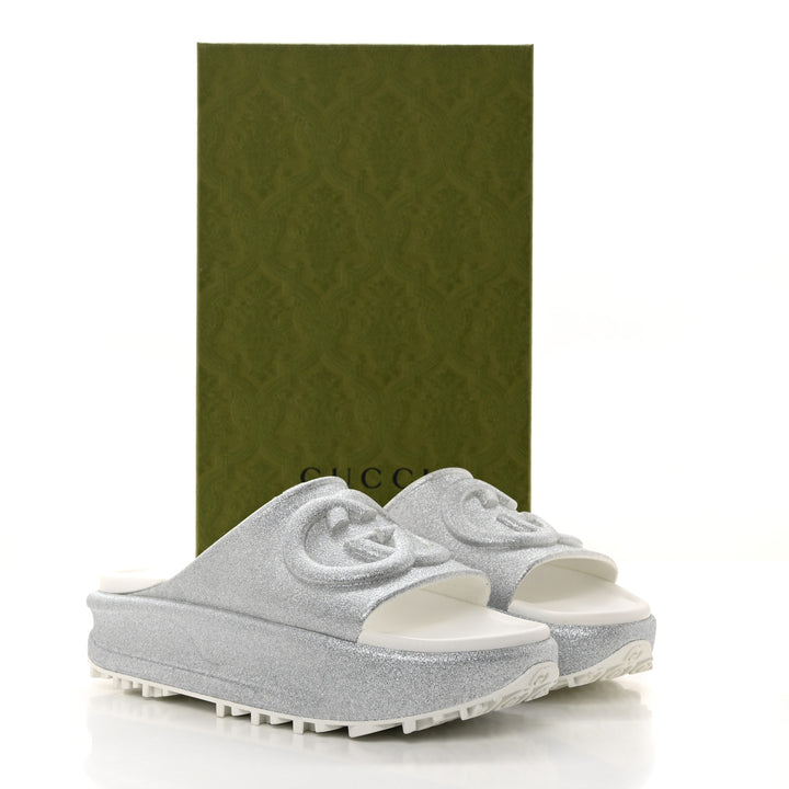 GUCCI WOMENS GLITTER INTERLOCKING G PLATFORM SLIDE SANDALS