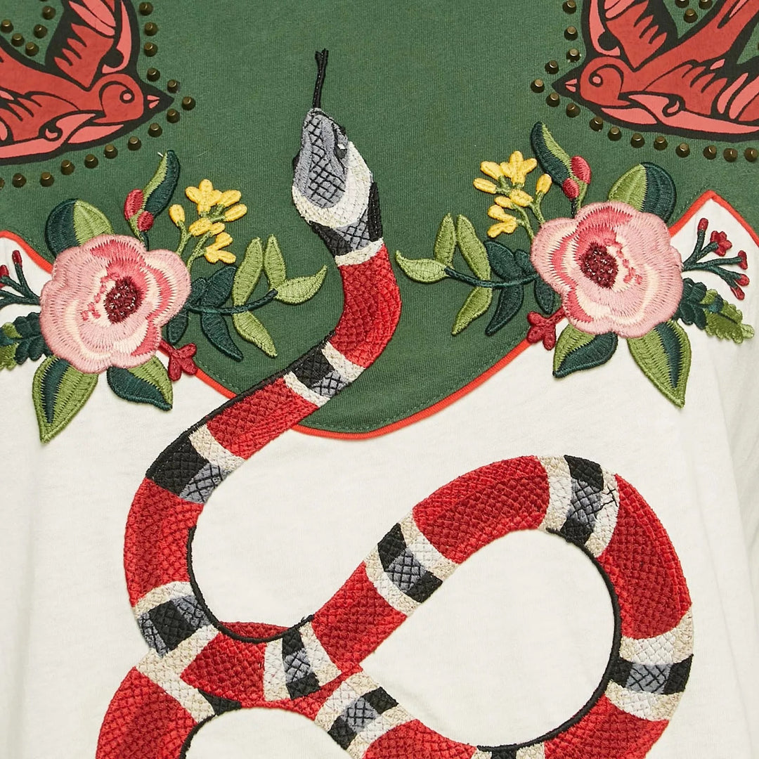 GUCCI GREEN GRAPHIC PRINT KING SNAKE EMBROIDERED T-SHIRT