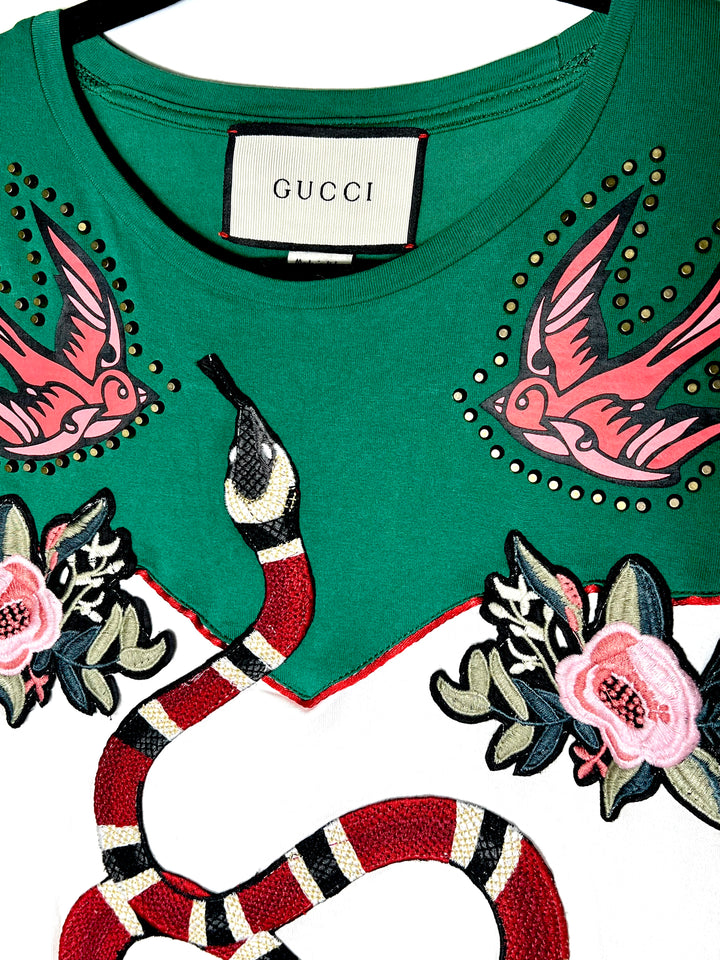 GUCCI GREEN GRAPHIC PRINT KING SNAKE EMBROIDERED T-SHIRT