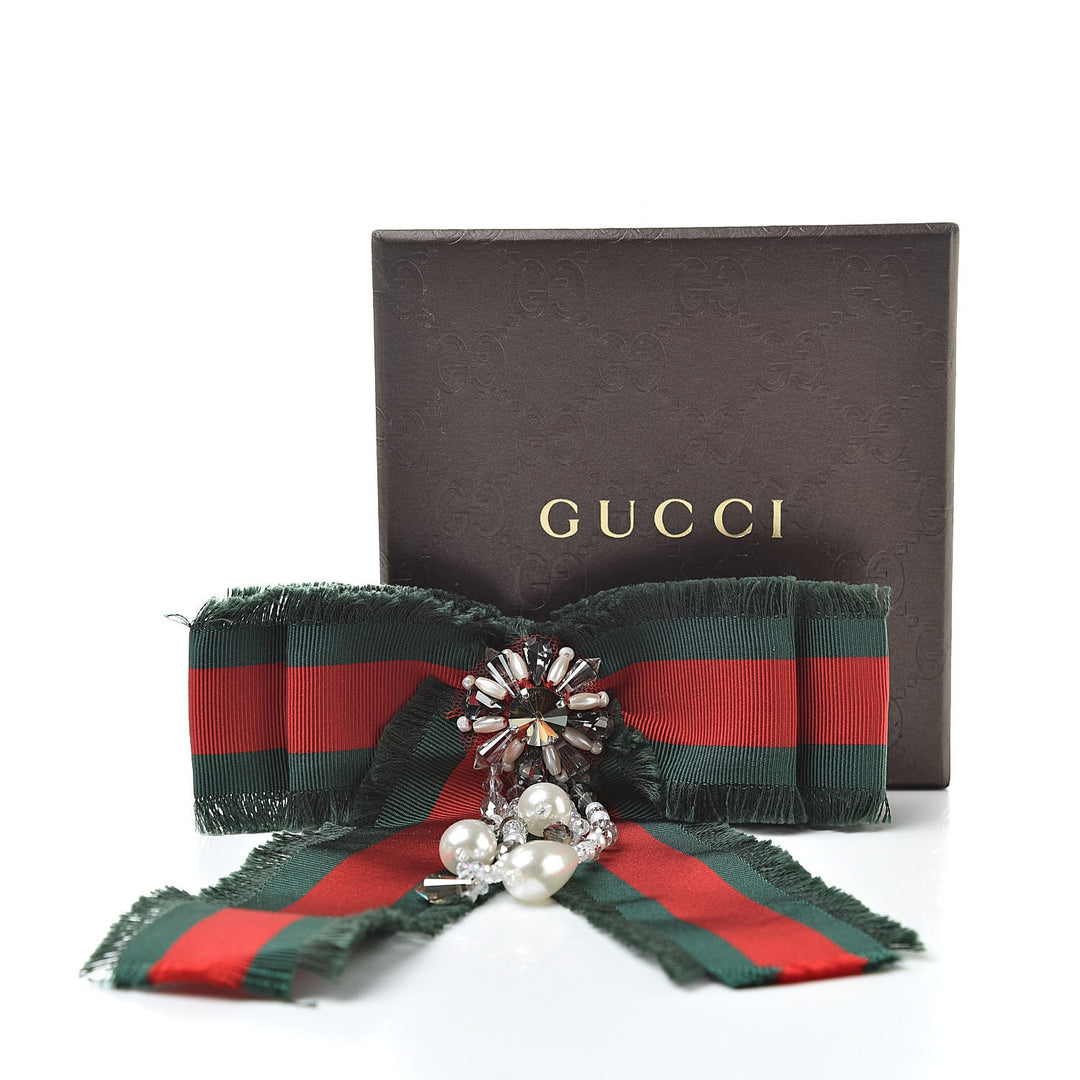Brand new with box & bag Gucci Grosgrain Bow Brooch Pin with Pearls &Crystals Authentic GUCCI Red Green Grosgrain Bow Brooch Pin With  main image 4
