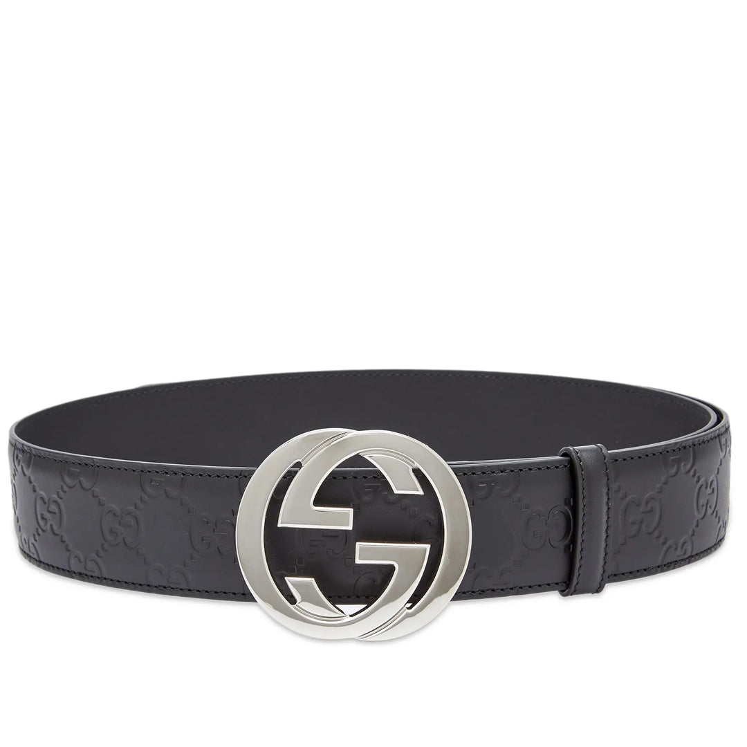 GUCCI INTERLOCKING G EMBOSSED LEATHER BELT