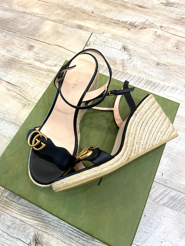 GUCCI LEATHER WEDGE ESPADRILLE SANDALS