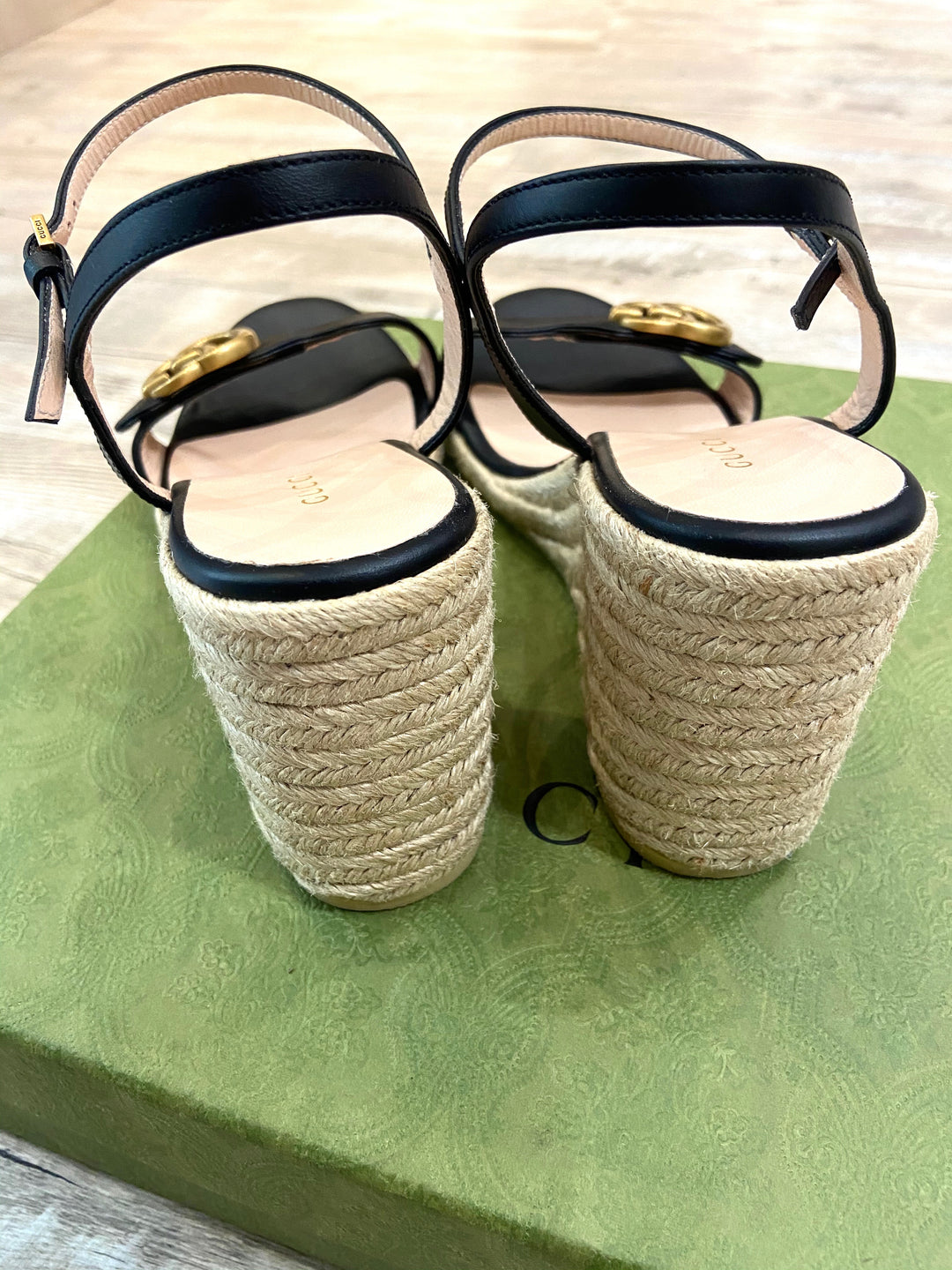 GUCCI LEATHER WEDGE ESPADRILLE SANDALS