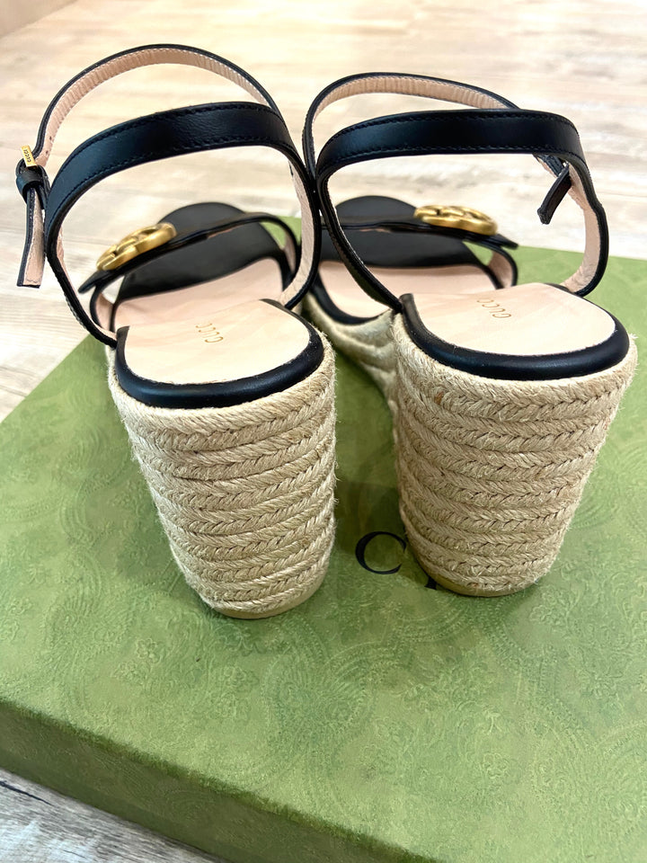 GUCCI LEATHER WEDGE ESPADRILLE SANDALS