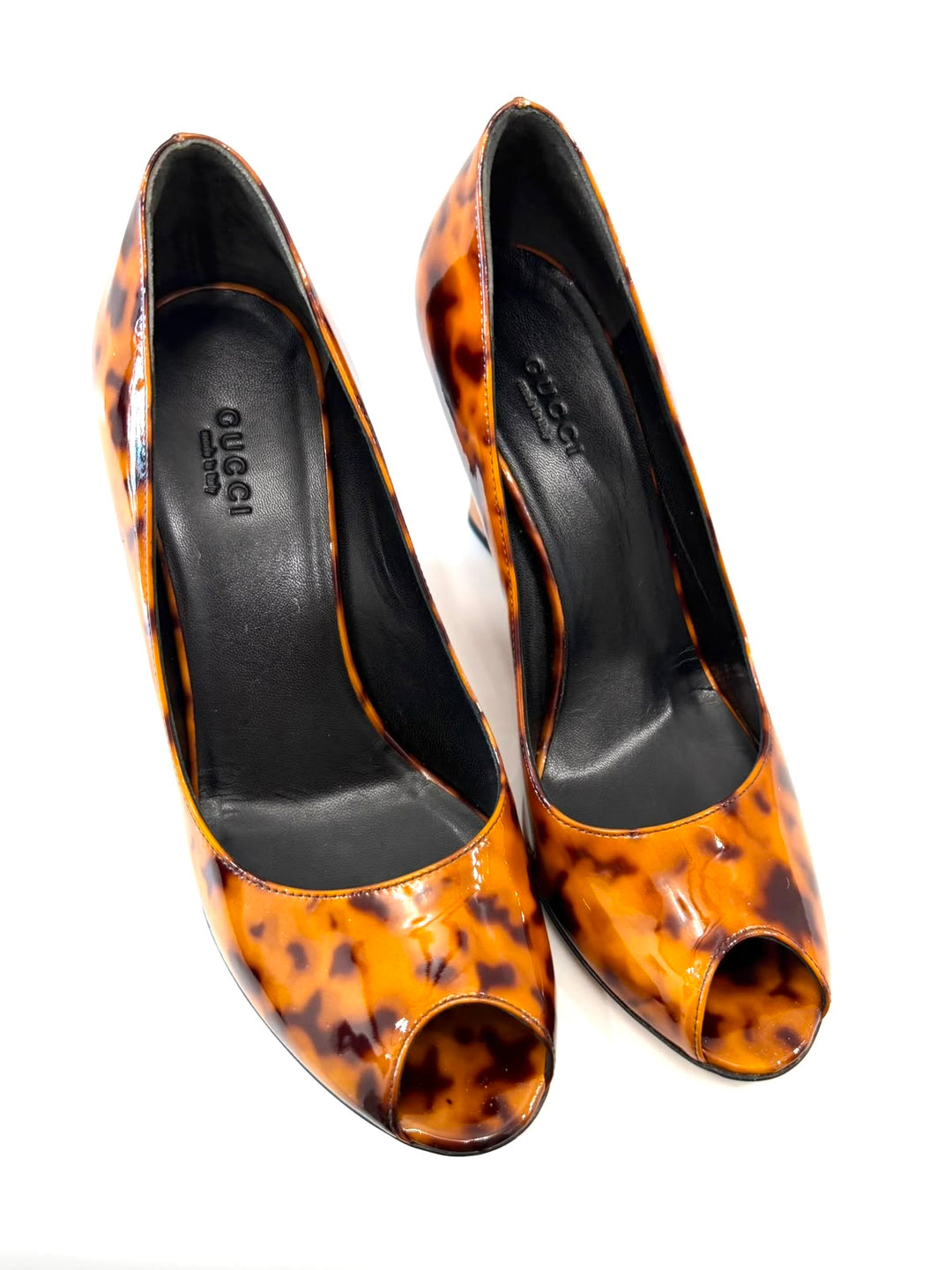 GUCCI LEOPARD PRINT PATENT CALF LEATHER WEDGE HEEL PEEP-TOE PUMPS