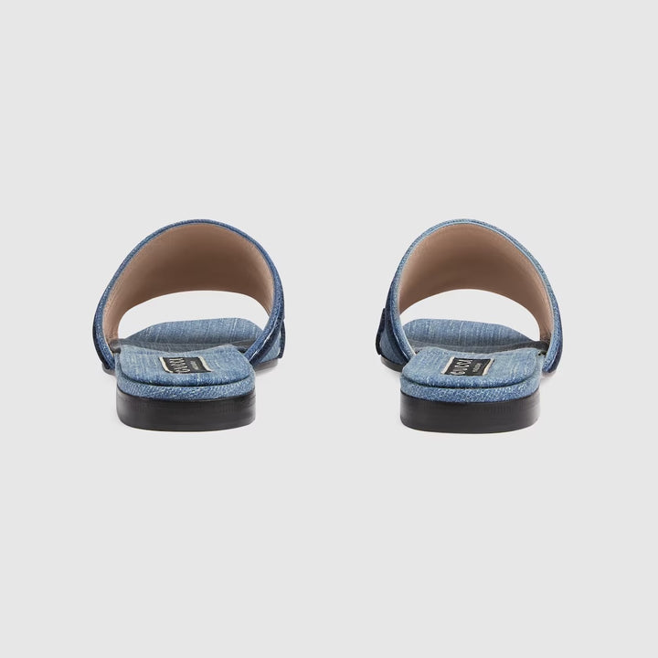 GUCCI DENIM SLIDE SANDALS WITH GUCCI SCRIPT