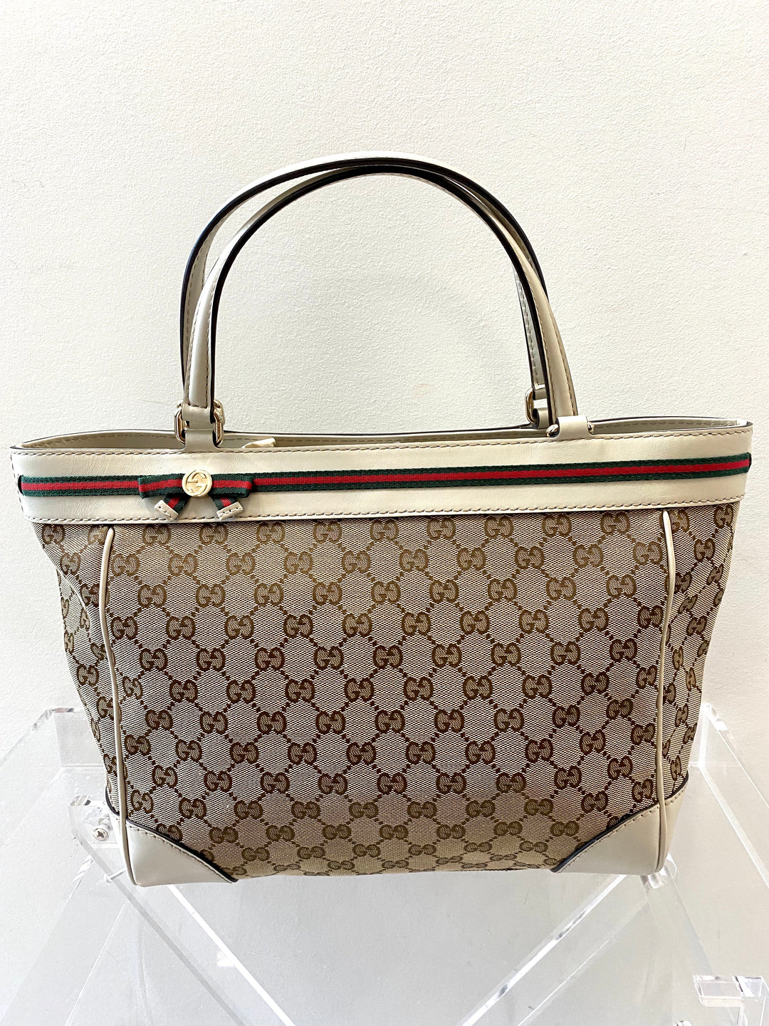 GUCCI GG CANVAS &amp; LEATHER MAYFAIR BOW TOTE BAG