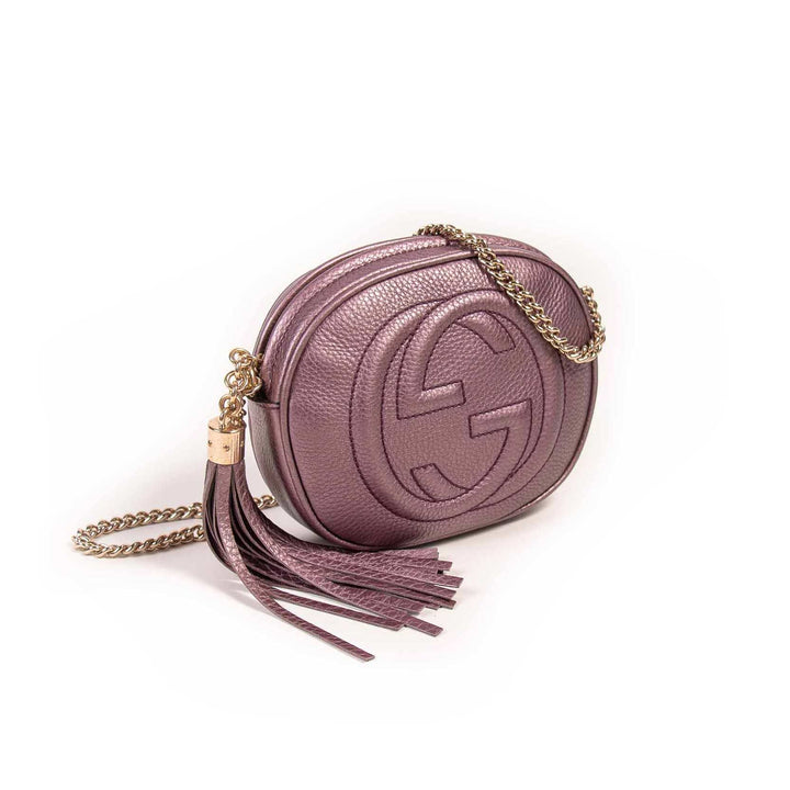 GUCCI METALLIC PEBBLED CALFSKIN MINI SOHO CHAIN BAG