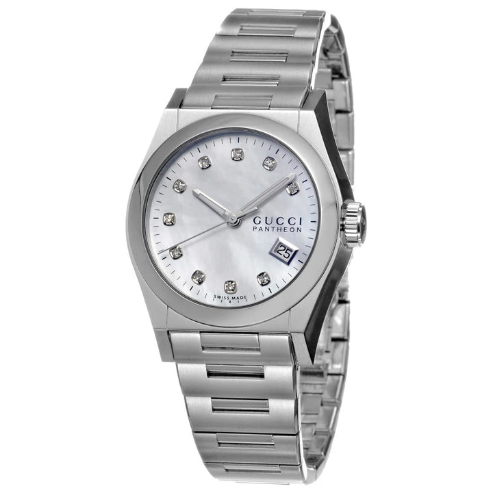 GUCCI PANTHEON 115 MOP DIAMOND DIAL BRUSHED STAINLESS STEEL WATCH