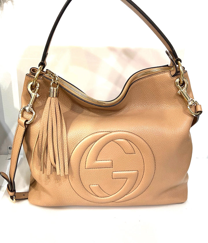 GUCCI PEBBLED CALFSKIN LEATHER CAMELIA TWO WAY LARGE SOHO BAG