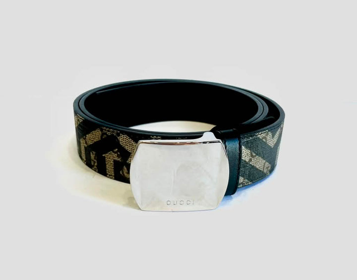 GUCCI PLATE BUCKLE CALEIDO PRINT COATED CANVAS &amp; CALFSKIN LEATHER BELT