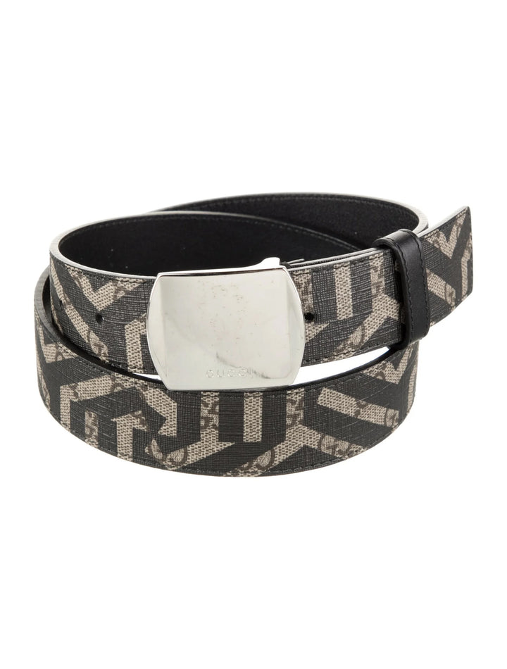 GUCCI PLATE BUCKLE CALEIDO PRINT COATED CANVAS &amp; CALFSKIN LEATHER BELT