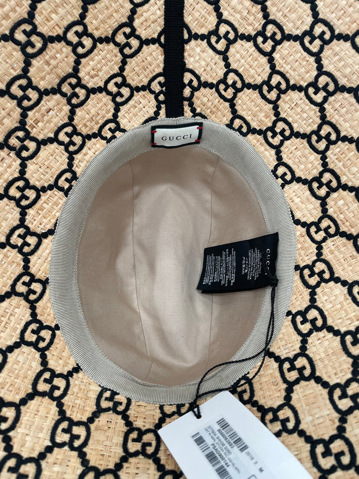 GUCCI RAFFIA ELAPHE GG MONOGRAM EMBROIDERED WIDE BRIM HAT
