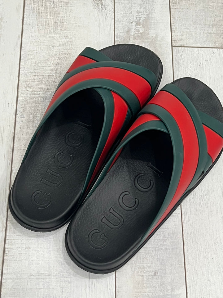 GUCCI RUBBER WEB CRISS CROSS SLIDE SANDALS