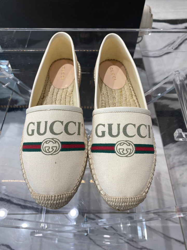 GUCCI GG LOGO WEB LEATHER TRIMMED CANVAS ESPADRILLES
