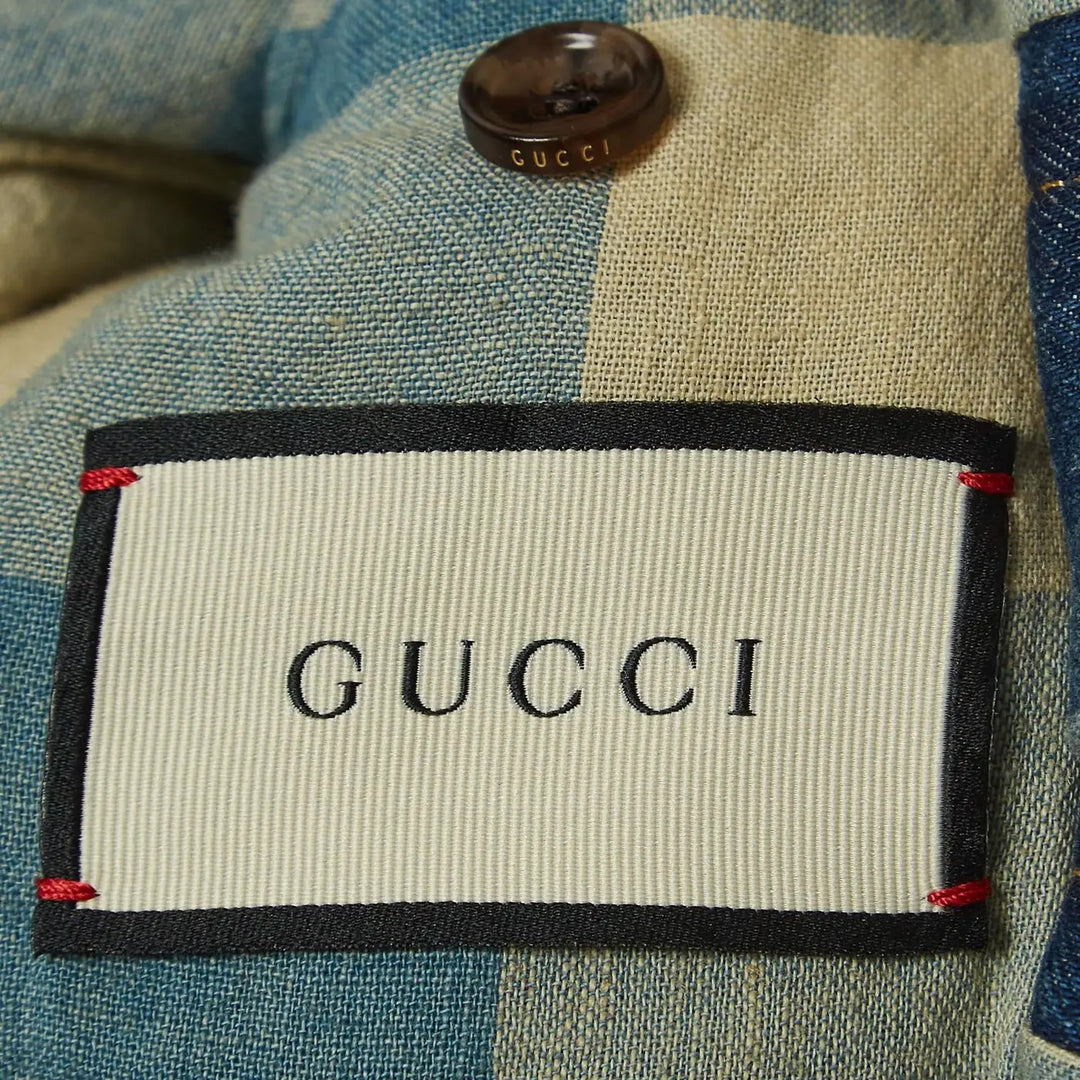 GUCCI TATAN &amp; GINGHAM SHUNGA PEARL EMBROIDERED DENIM JACKET