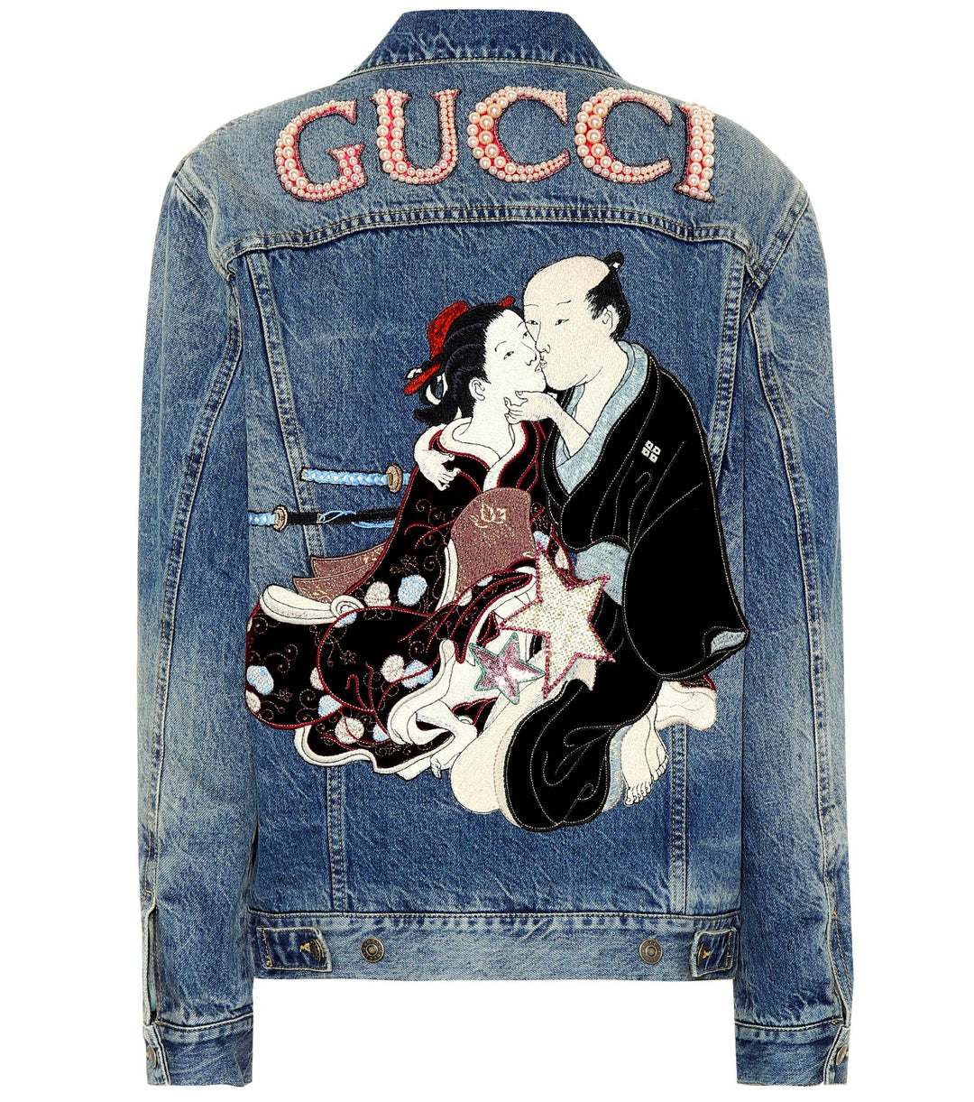 GUCCI TATAN &amp; GINGHAM SHUNGA PEARL EMBROIDERED DENIM JACKET