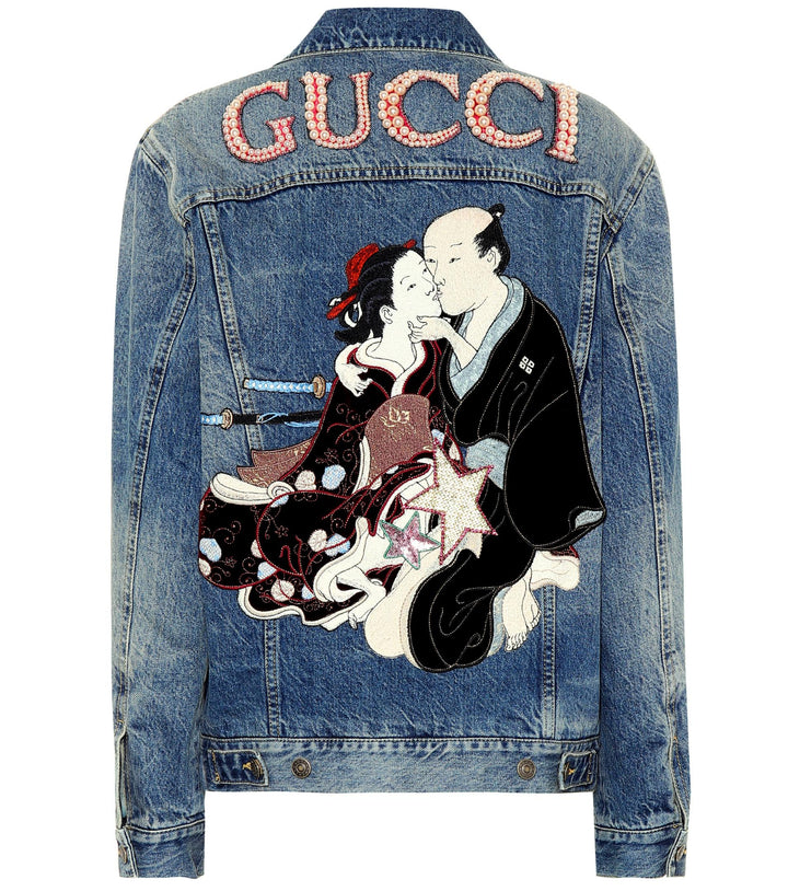 GUCCI TATAN &amp; GINGHAM SHUNGA PEARL EMBROIDERED DENIM JACKET